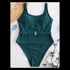 Teal one piece swimsuit with belt